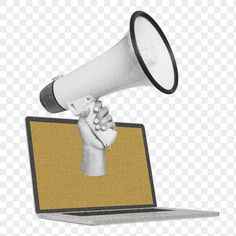 a hand holding a megaphone over a laptop computer, hd png clipart