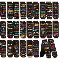 the chalkboard bookmarks are all different colors and sizes, with words on them