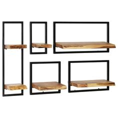 four shelves with wood and metal frames