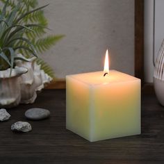 a lit candle sitting on top of a wooden table next to rocks and a potted plant