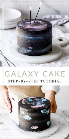 a cake that is sitting on top of a plate with the words galaxy cake in front of it