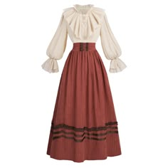 PRICES MAY VARY. 2 Piece Victorian Dress Set - The 1800s Edwardian Costume set contains a beige Edwaidian blouse and a vintage skirt. The suit saves you the trouble of matching. You can also try different combinations of this blouse or skirt with your other clothes. Features - The Edwardian blouse collar and cuffs are decorated with ruffles, and the cuffs and waist are elasticated, adding to the design and layering of the garment. The Victorian dress overall color tone is warm and the palace-sty 1850 Womens Fashion, 1800s Style Dresses, 1800 Clothing Women, 1800s Commoner Dress, 1700s Peasant Dress, Victorian Blouses For Women, 1800s Casual Dress, Victorian Simple Dress, Old Fashioned Blouse