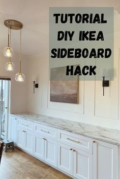 a kitchen with white cabinets and marble counter tops that has the words diy ikea sideboard hack on it