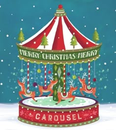 merry christmas merry carousel with reindeers and trees