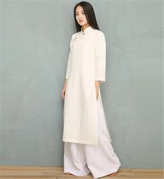 Zen Clothing, Tunic With Pants, Chinese Style Dress, High Low Tunic, Qipao Dress, Natural Clothing, Band Collar, Floor Length Dresses, Chinese Style