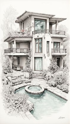 a drawing of a house with a pool in the front yard