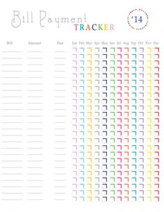 the printable bill payer tracker is shown in rainbows and blue, with numbers on