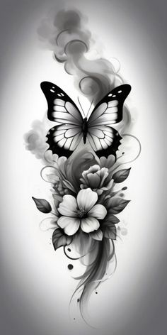 a black and white butterfly with flowers on it's back, flying in the air