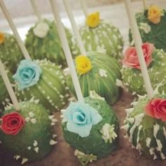 some cake pops with flowers on them and candles in the shape of cactus heads are sitting next to each other