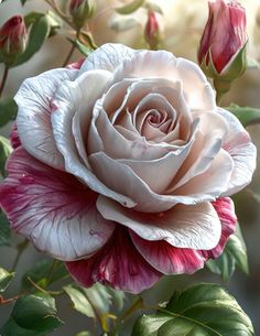 a white and pink rose with green leaves