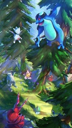 an image of pokemon flying through the air in front of trees and other animals on land