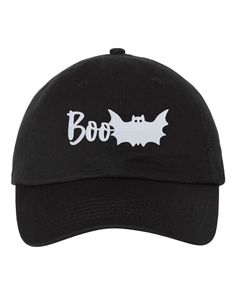 BOO Embroidered Halloween Baseball Cap Adjustable Black baseball cap with adjustable strap in the back. Design available in two colors: White or Orange Black Novelty Hat For Halloween, Black Halloween Trucker Hat, Halloween Snapback Baseball Cap, Halloween Adjustable Snapback Baseball Cap, Black Brimmed Halloween Hat, Black Brimmed Hat For Halloween, Casual Halloween Cap, Black Snapback Trucker Hat For Halloween, Adjustable Cotton Hat For Halloween