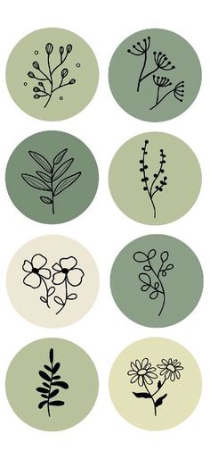 six different types of flowers in black and white on green circles with the words,