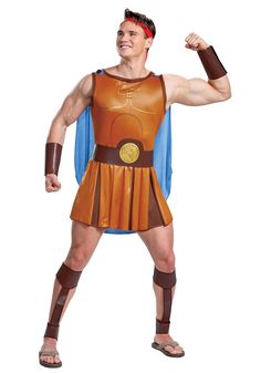 a man in a roman gladia costume posing for the camera with his arm raised