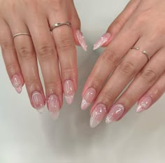 @nailsby.tiff on instagram pink strawberry nail inspo 1/3 Korean Jelly Nails Almond, Korean Nails Aesthetic, Pink Nails Coquette, Pink Jelly Nails Almond Shape, Transparent Pink Almond Nails, Pink Jelly Nails Acrylic Almond, Trendy Oval Nails, Asian Nail Designs, Almond Nails Christmas