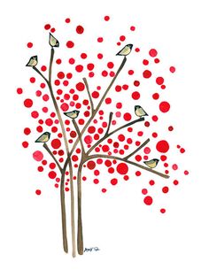 two birds are sitting on the branches of a tree with red berries in front of them