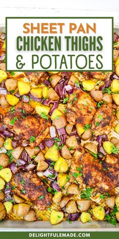 sheet pan chicken thighs and potatoes with text overlay