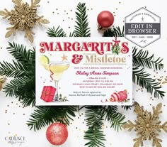 an advertisement for margaritas and mistlete holiday - themed cocktail party with christmas decorations