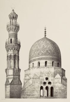 an ink drawing of a building with two towers