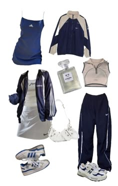 Sporty 2000s Fashion, Sporty Vintage Outfits, Sporty Blue Outfit, Sporty Style Aesthetic, Feminine Sporty Style, Sporty Clothes Aesthetic, Blue Streetwear Aesthetic, Y2k Athletic Outfits, Sporty Y2k Outfits