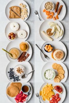 an array of different types of food on plates with forks and spoons next to each other