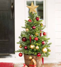 a small christmas tree sitting in a bucket on the front porch next to a door