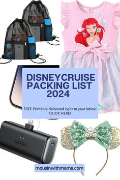 the disney cruise packing list includes items like a backpack, headband and mouse ears