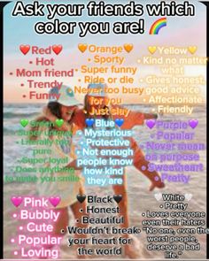 a poster with the words ask your friends which color you are on it and an image of