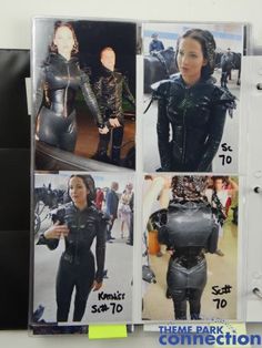 four photos of women in black catsuits and leather outfits, with the caption's name on them