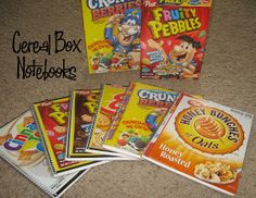 cereal box notebooks are sitting on the floor