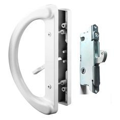 a white door handle and latch on a white background with the image of an open door