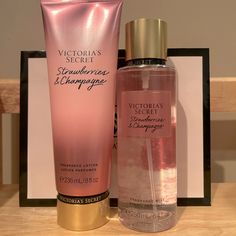 Brand New Strawberries & Champagne Set 250ml Body Spray 236ml Body Lotion Victoria's Secret Perfume Collection, Vs Perfume Collection, Victoria Secret Perfume And Lotion, Pink Body Care, Perfumes And Lotions, Victoria Secret Mist, Victoria Secret Scents, Profumo Victoria Secret