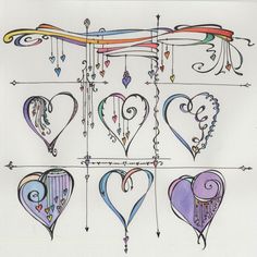 a drawing of hearts hanging from the ceiling with beads and chains attached to each heart