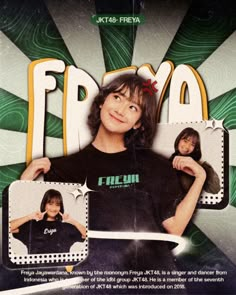 an advertisement for froya featuring two women in front of a green and white background