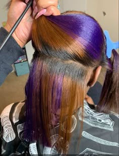 Peanut Butter And Jelly Hair Color Black Women, Brown And Purple Braids, Purple And Brown Hair, Adore Hair Dye, Peekaboo Hair Colors, Hair Colour Design, Skunk Stripe, Silk Press Natural Hair