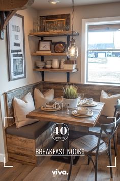 the breakfast nooks in this dining room are made from wood and have built - in shelving