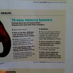 10 easy memory boosters from real simple magazine Heath Tips, Mnemonic Devices, Improve Brain Function, Healthy Brain, Improve Memory, New Thought, Medical Prescription