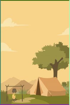 an illustration of a tent in the wilderness with a tree and firewood on the ground