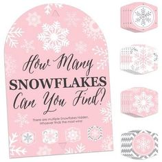 four pink snowflakes are on display with the words how many snowflakes can you find?