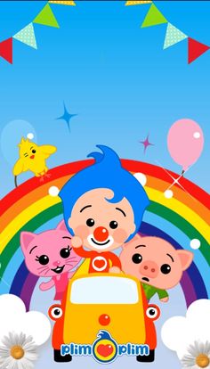 a cartoon character with three little pigs riding on the back of a car in front of a rainbow