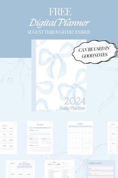 the free digital planner is shown with blue ribbons and bows on it's cover