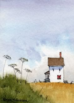 a painting of a house on top of a hill