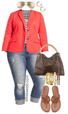 Coral Blazer Outfit, Orange Blazer Outfits, Plus-koon Muoti, Plus Size Boyfriend Jeans, Mode Tips, Look Jean, Orange Blazer, Plus Size Spring