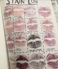 a bunch of different types of lipstick on a sheet of paper with words written in it