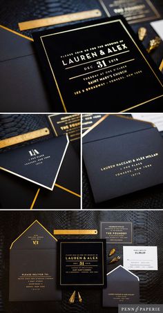 black and gold wedding stationery with metallic foil on the bottom, in different angles