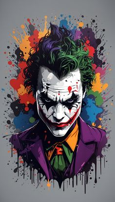 the joker with green hair and red eyes is depicted in an artistic painting on a gray background