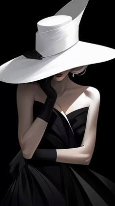 a woman wearing a white hat and black dress