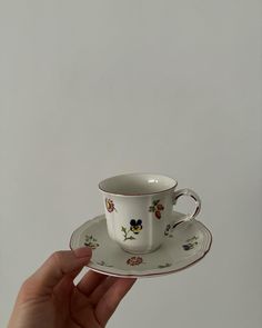 a hand holding a cup and saucer with floral designs on the rim, in front of a white background