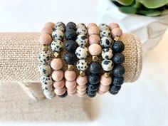 Dalmatian Beads Bracelets, Seed Bead Bracelet Patterns, Beaded Jewelry Earrings, Essential Oil Bracelet, Wood Bead Bracelet, Dalmatian Jasper, Natural Stone Jewelry, Beaded Bracelet Patterns, Diffuser Bracelets