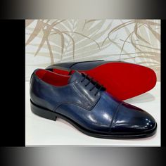 Blue Oxford Derby Lace Up Shoe For Men. Handmade In Italy Soft Italian Leather Patent Red Sole Leather Insole And Outsole Burnish Cap Toe Ridge Shoe For Men, Red Sole, Lace Up Shoes, Italian Leather, Blue Man, Derby, Shoes Mens, Men's Shoes, Oxford